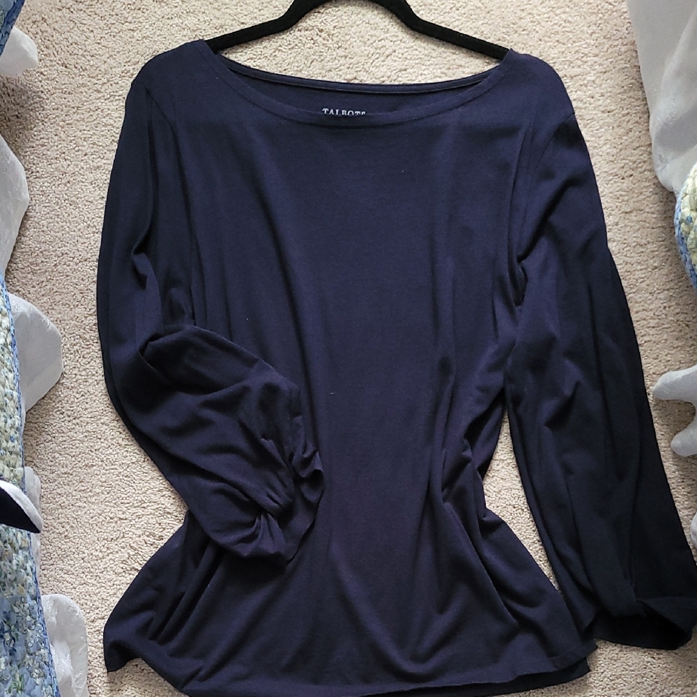Talbots Navy Blue Ruched Cuff 3/4 Sleeve Knit Blouse Sz XL